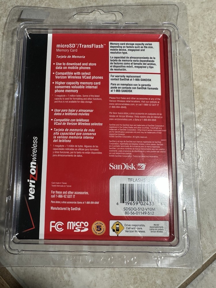 SanDisk microSD/TransFlash Memory Card 512MB Verizon Wireless