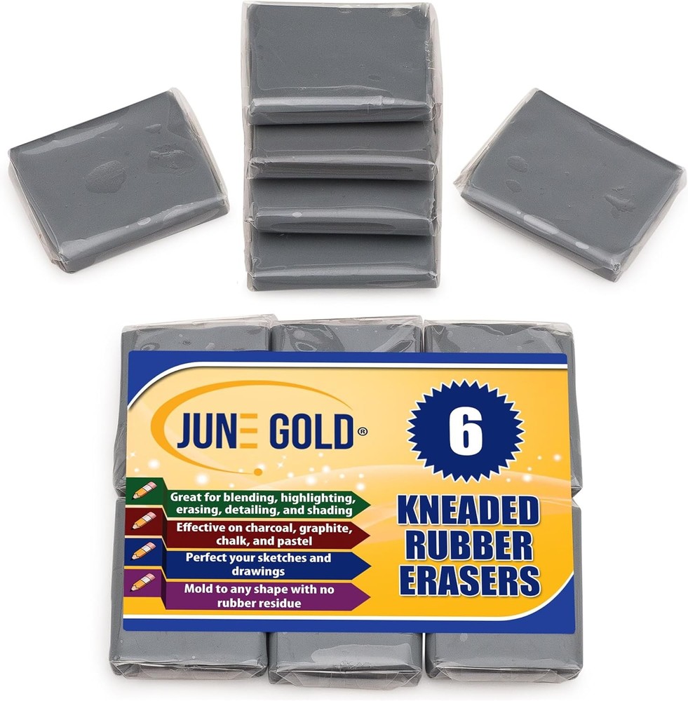 Gray Kneaded Rubber Erasers, 6 Pack - Blend, Shade, Smooth, Correct & Brighten