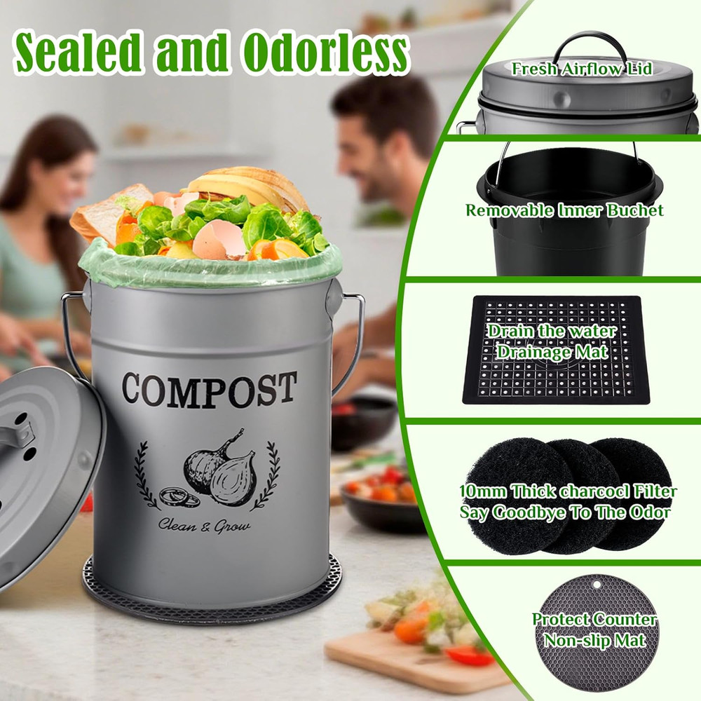 Countertop Compost Bin Kitchen,Odorless Indoor Compost Bin with Lid and Compost
