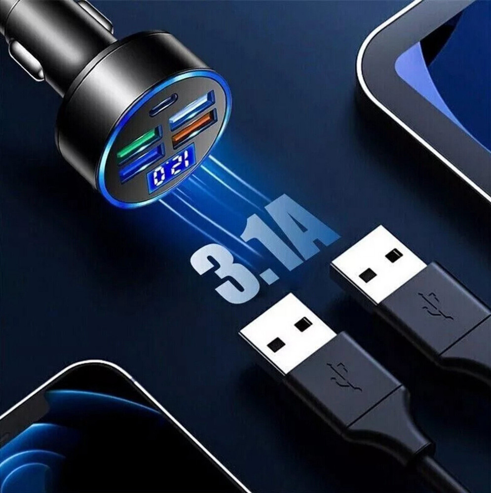Super Fast Car Charger Adapter USB 5-Port Voltmeter for iPhone Samsung Android