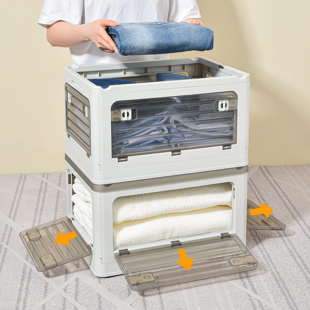 32Qt Plastic Storage Bins With Lid, Collapsible With Wheels, 4 Doors, Stackab...