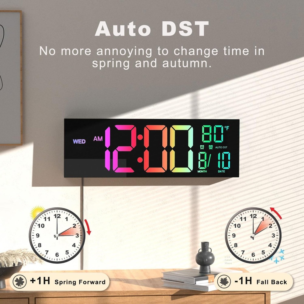 LED Wall Clock 16" with Large Display, Alarm,Timer, Temp,Date & Soft Night Light