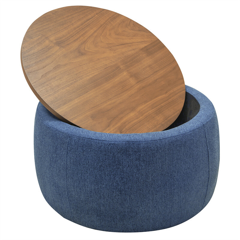Round Storage Ottoman, 2 in 1 Function, Work as End table & Ottoman-Navy