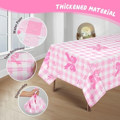 3PCS Pink Bow Tablecloths, Disposable Pink and White Checkered Plastic Table