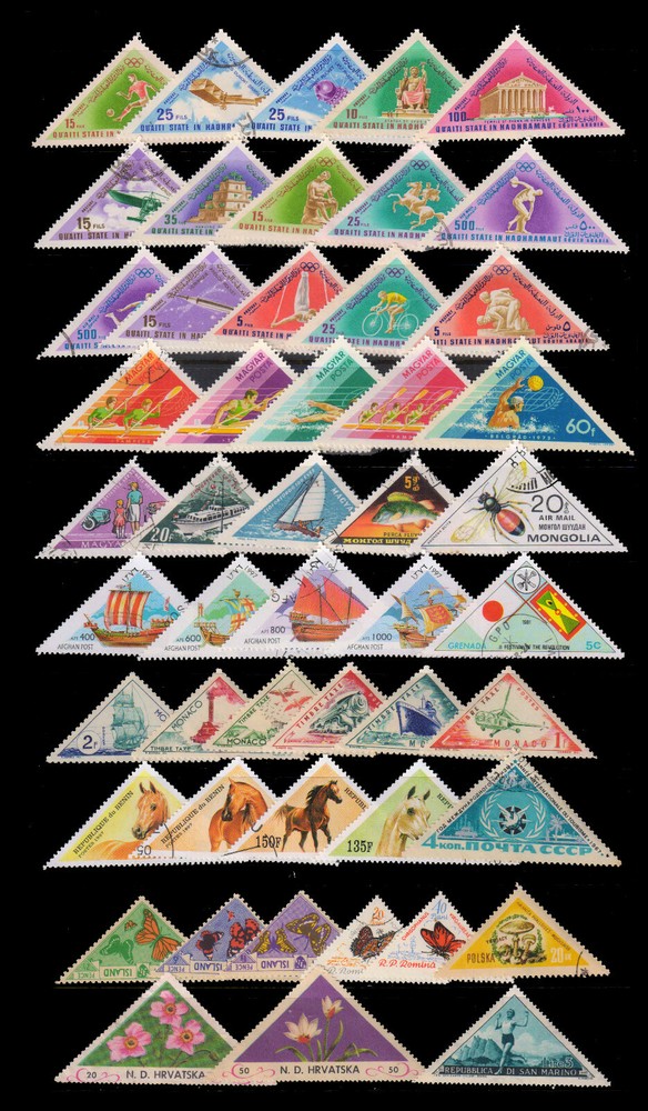 TRIANGULAR SHAPED 50 Different Stamps from Worldwide ,THEMATIC TRIANGLE Stamps