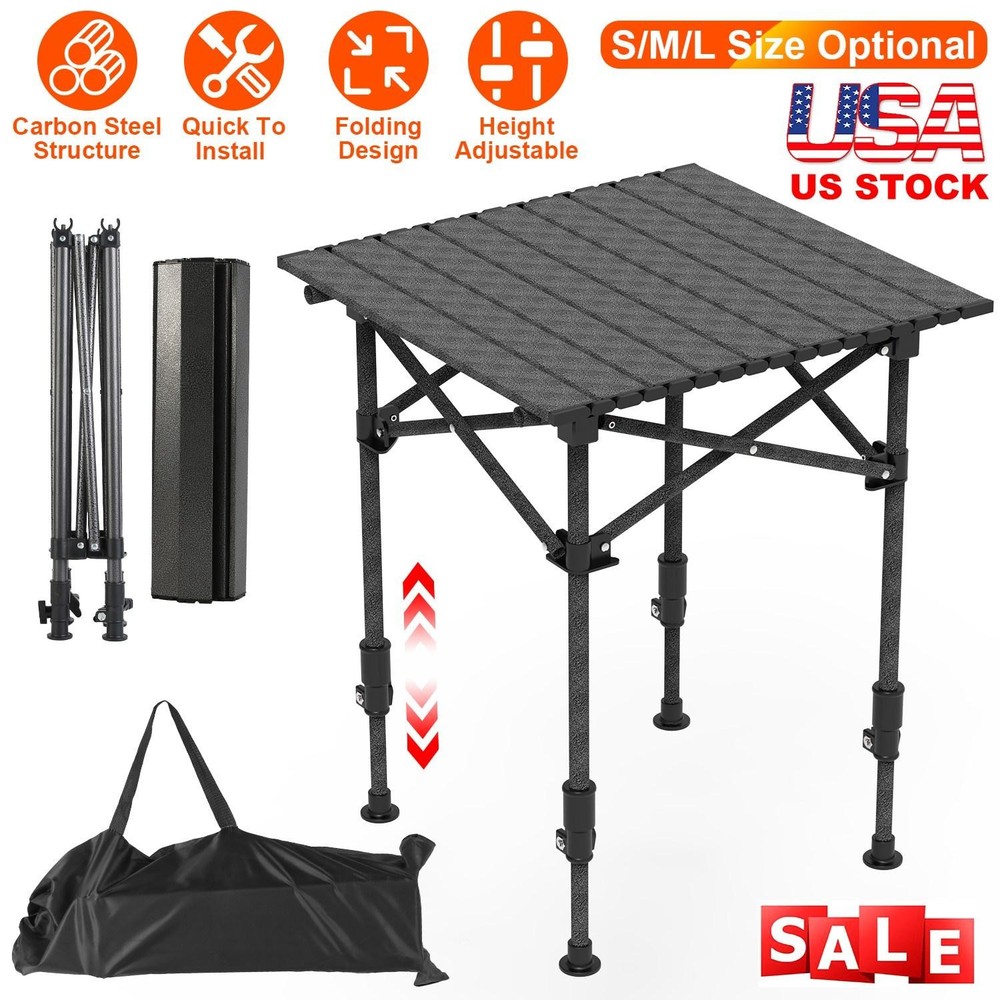 Portable Folding Camping Table w/ Adjustable Height Rustproof Carbon Steel