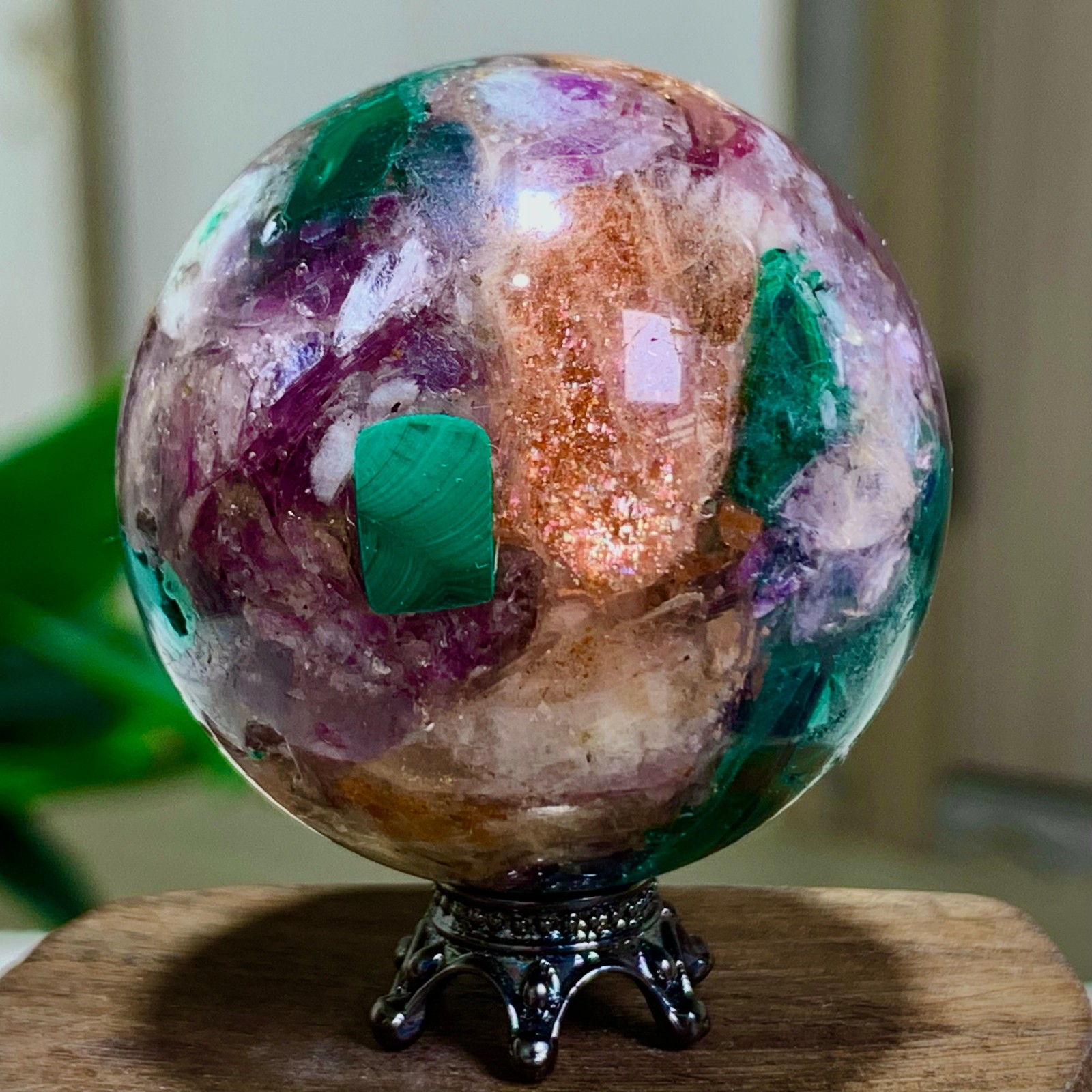92G Newly discovered rare malachite purple mica symbiotic sphere restoration