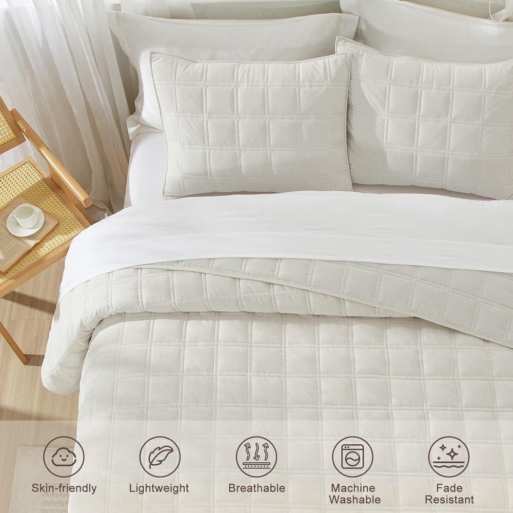 Three-Piece Cream White Set Includes 1 Quilted Comforter and 2 Pillowcases