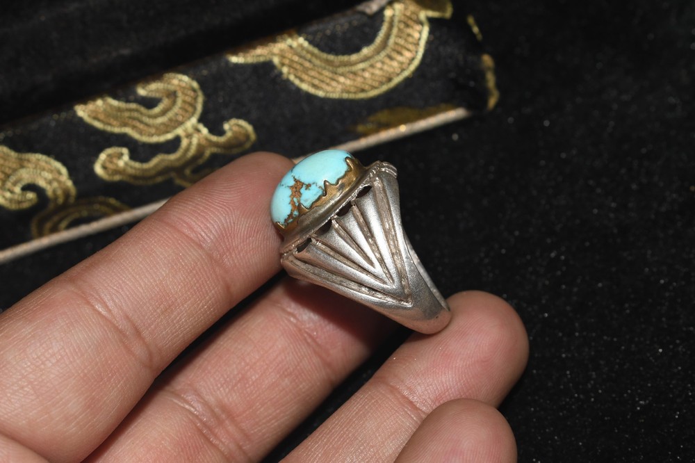 Large Antique old Near Eastern Solid Silver ring With Turquoise Stone Bezel