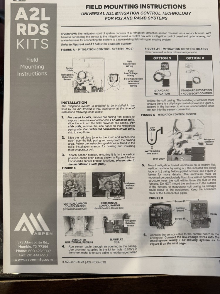 Aspen Part # A2LZR Universal RDS A2L Refrigerant Detection System Kit