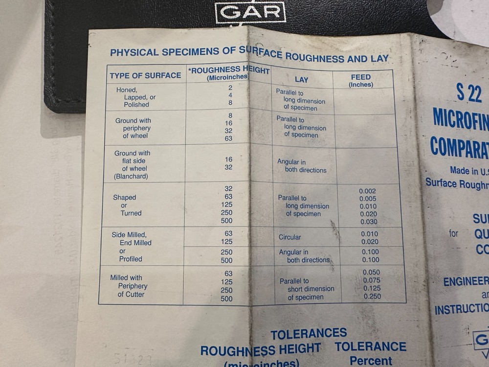 GAR S-22 Microfinish Comparator Plate, Case, Instructions