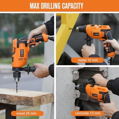 Powerful 5.8Amp Corded Hammer Drill, 1/2" Variable Speed, 9 Drill Bits & Handle