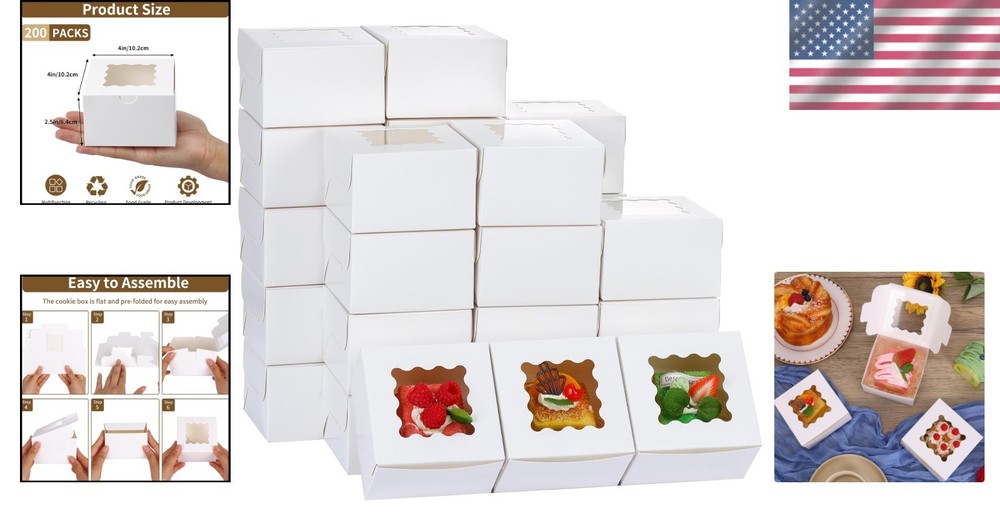 Versatile 200-Pack White Bakery Boxes - Snap Closure with Clear Window Design