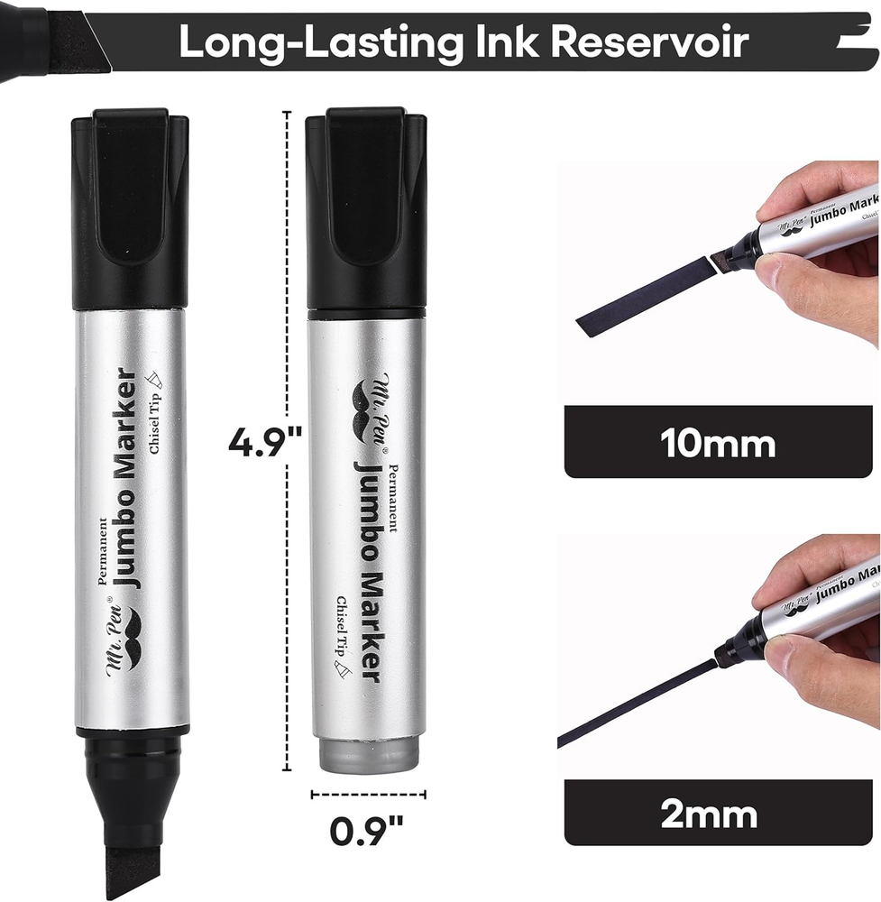 Jumbo Permanent Markers 4 Pack Chisel Tip Black - Thick Wide Tip Large Size