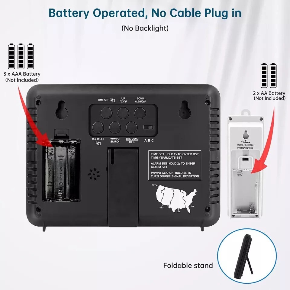 Atomic Clock With Indoor Outdoor Temperature, Self-setting Digital Wall
