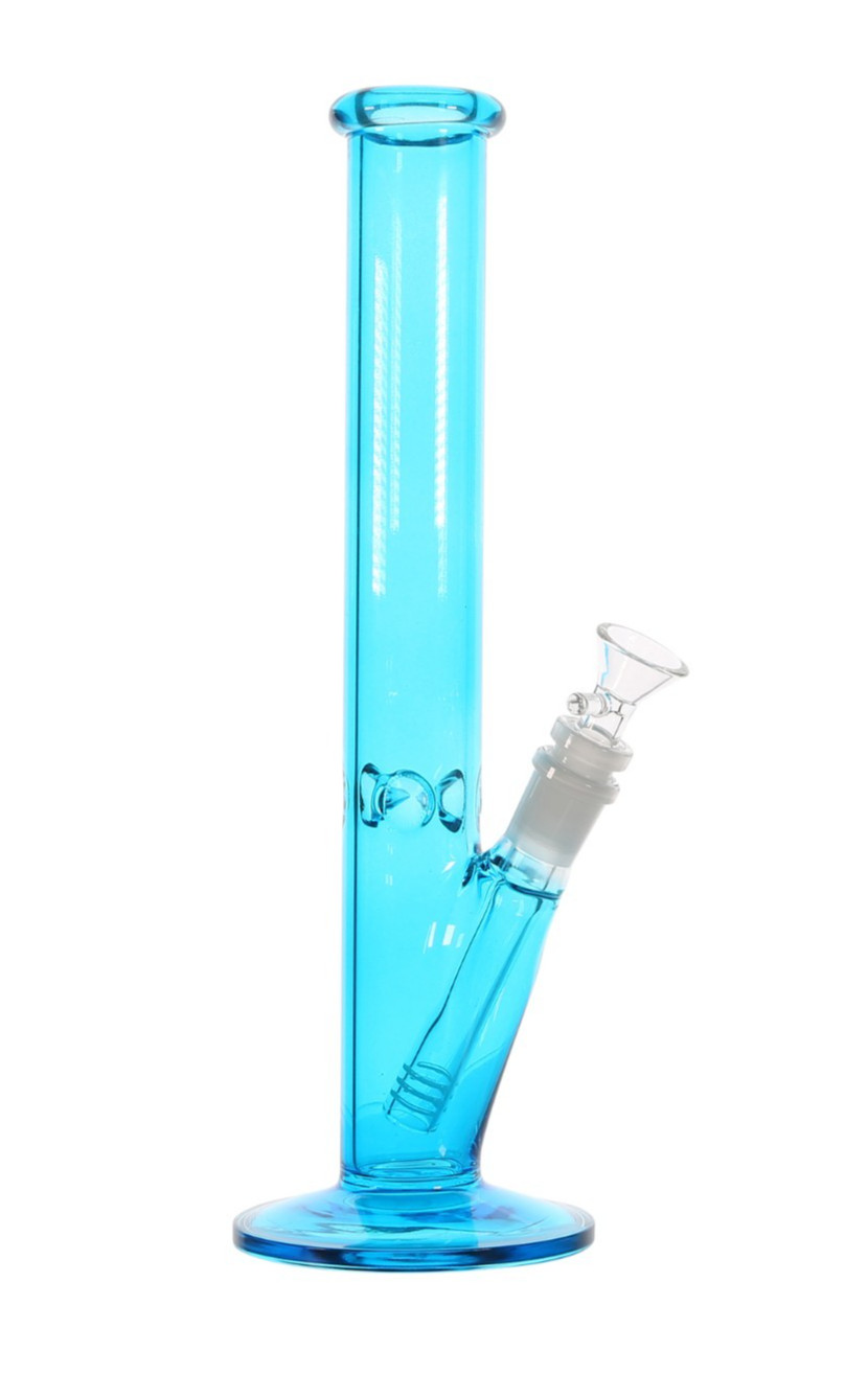 12” Neon Blue Straight Tube Glass Water Pipe Hand Painted + 14mm Bowl & Downstem