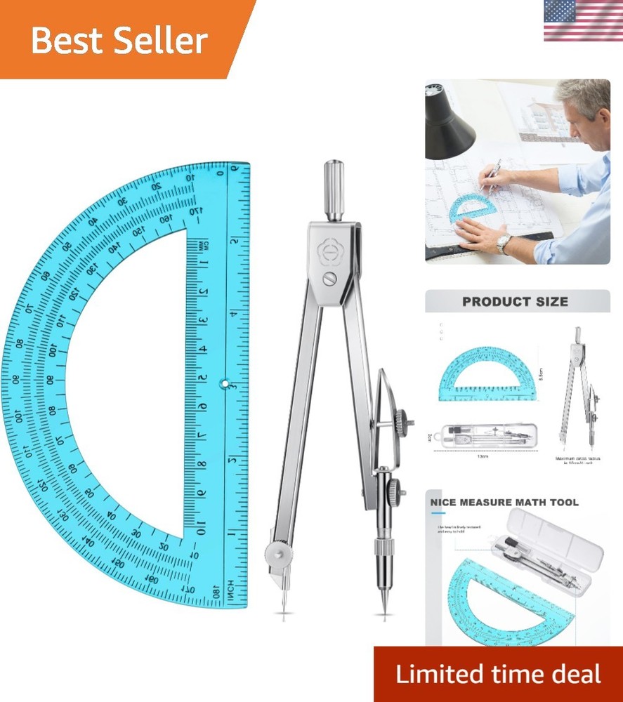 Geometry Math Set: Compass & 6-Inch Protractor for Precision Drawing