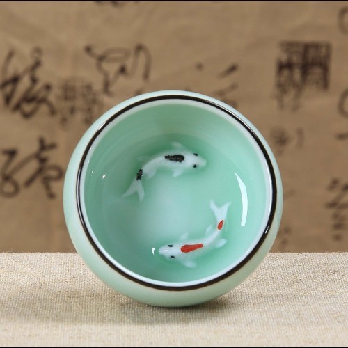 2pcs Tea Cups Dehua Celadon Tea Cup Chinese Porcelain Cup Of Tea Fish Carp 45ml