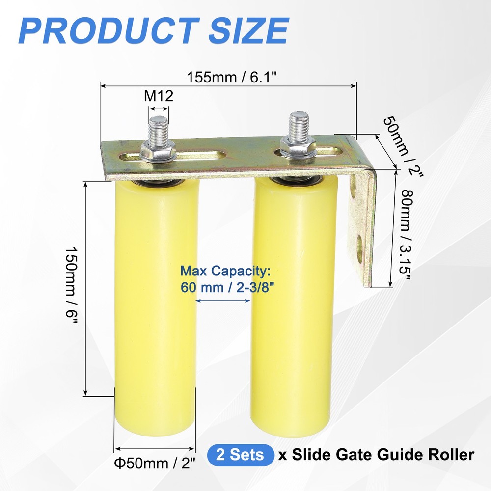 2Set Slide Gate Guide Roller, 6" Nylon Gate Support Rollers with Bracket, Yellow
