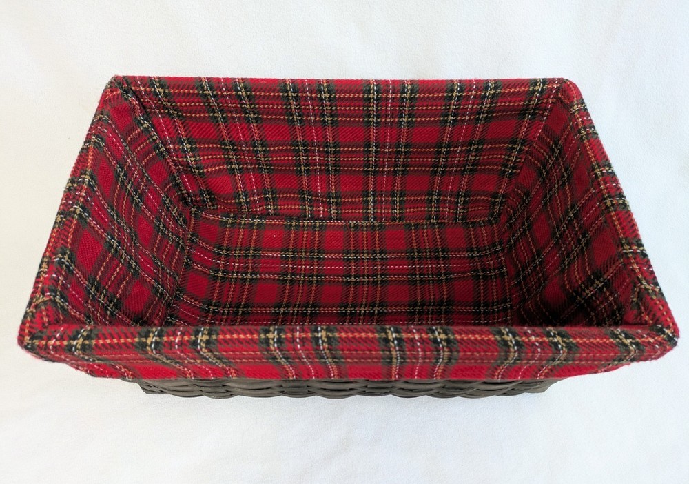 Split Reed Wicker Rectangle Nesting Baskets Holiday Plaid Fabric Lined Set Of 2