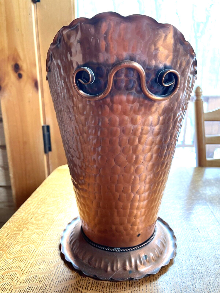 Gregorian Solid Hammered Copper Handled Pedestal Planter Pot, Vase, Umbrella