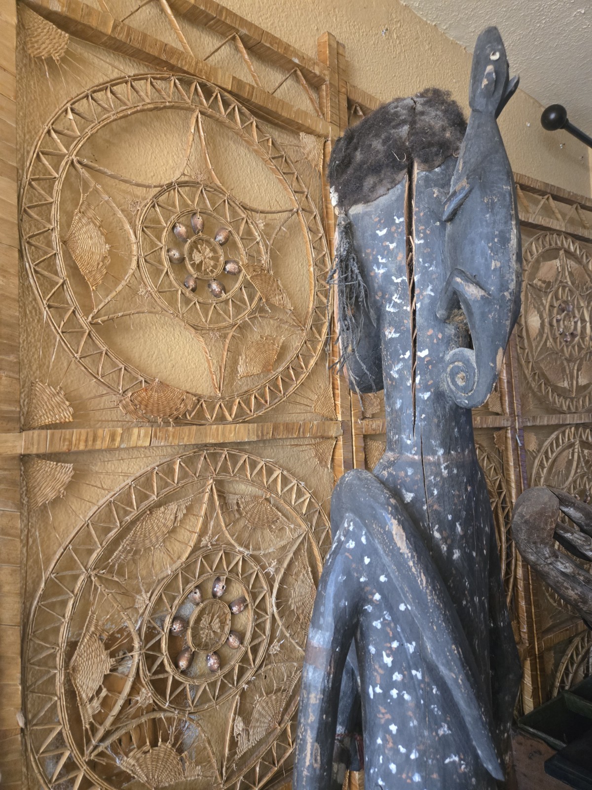 XL Papua New Guinea Ancestor Figure 46" Wood, Shell, Hair, Fiber, Animal Motifs