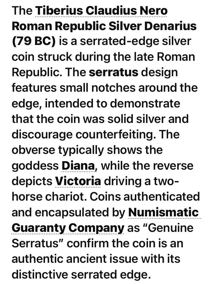 Tiberius Claudius Nero Roman Republic Silver Denarius 79BC NGC Genuine Serratus