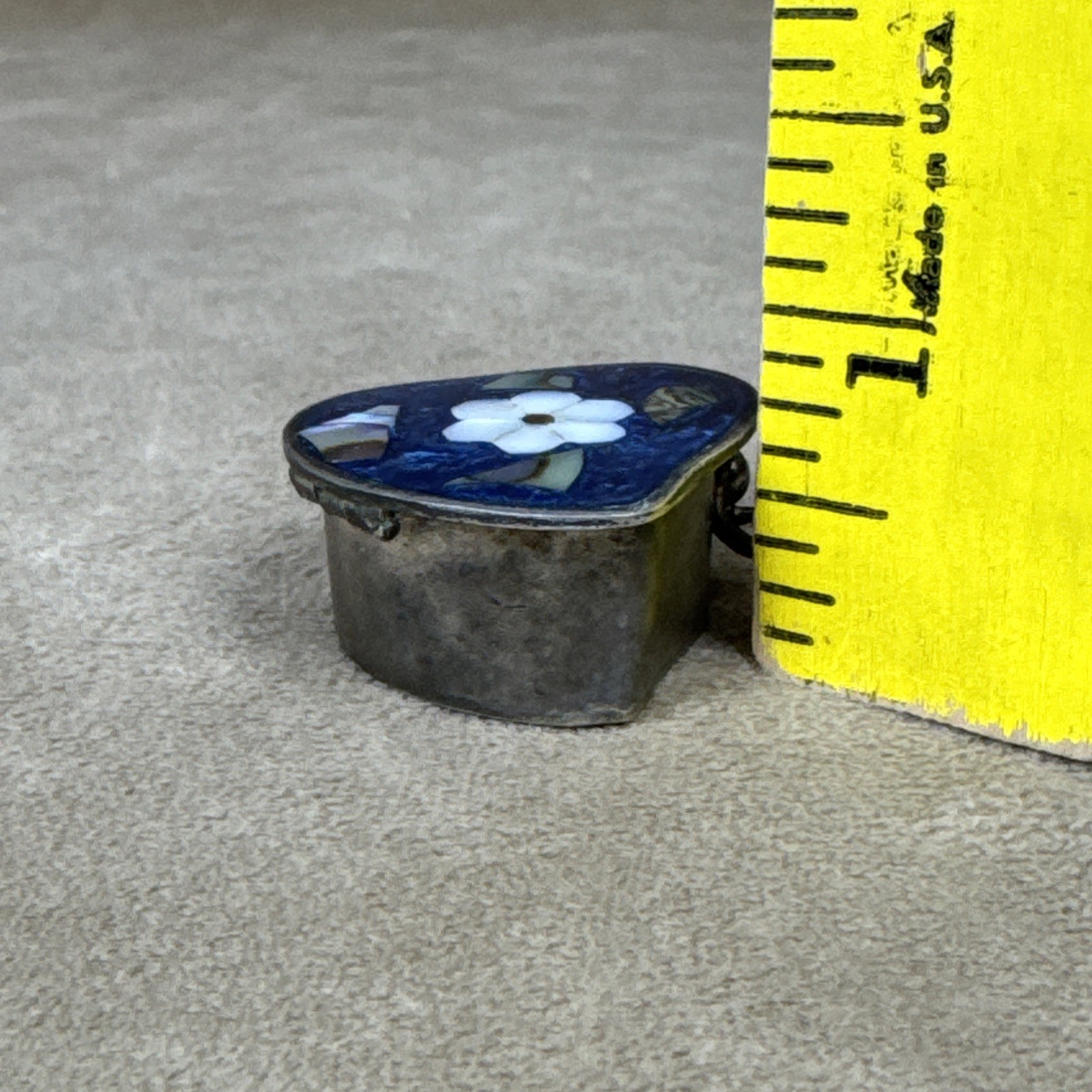 VTG Alpaca Mexico Silver Abalone Shell Inlay Pill Box Trinket-Flower Heart Daisy