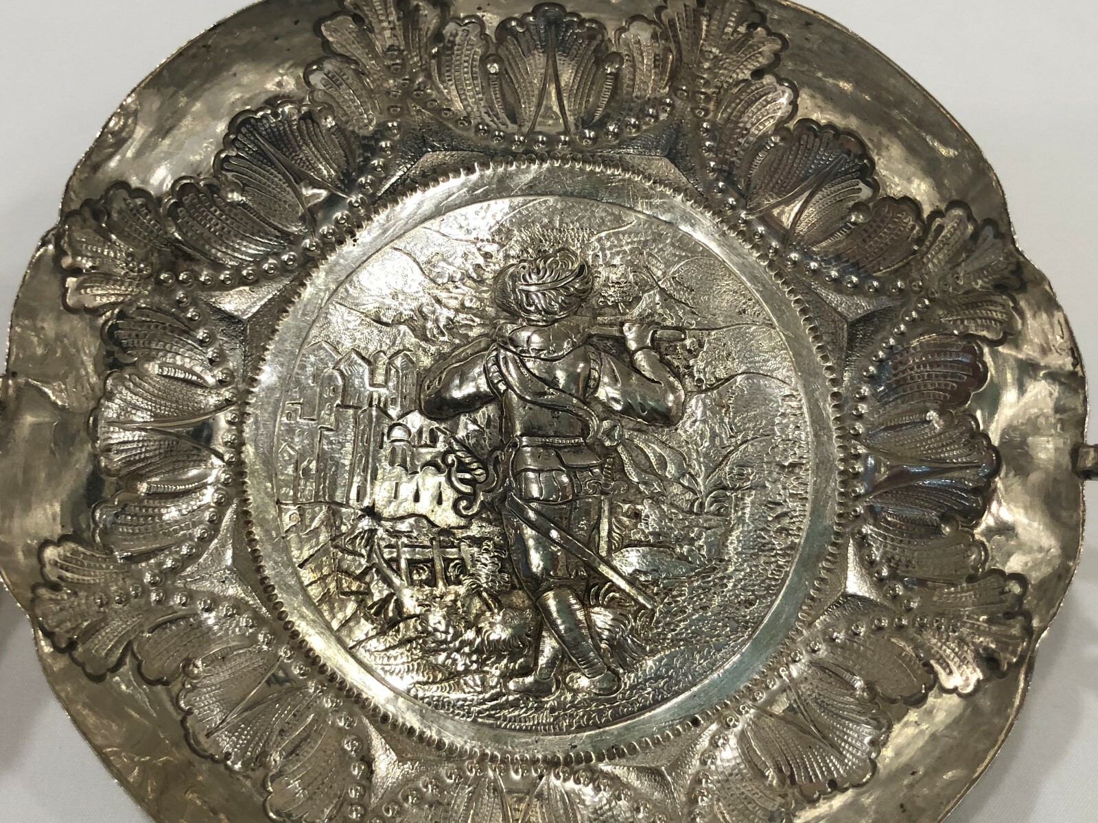 Hanau Sterling Silver Folk Scene of Piper Bowl/Wine Taster Germany c. 1900