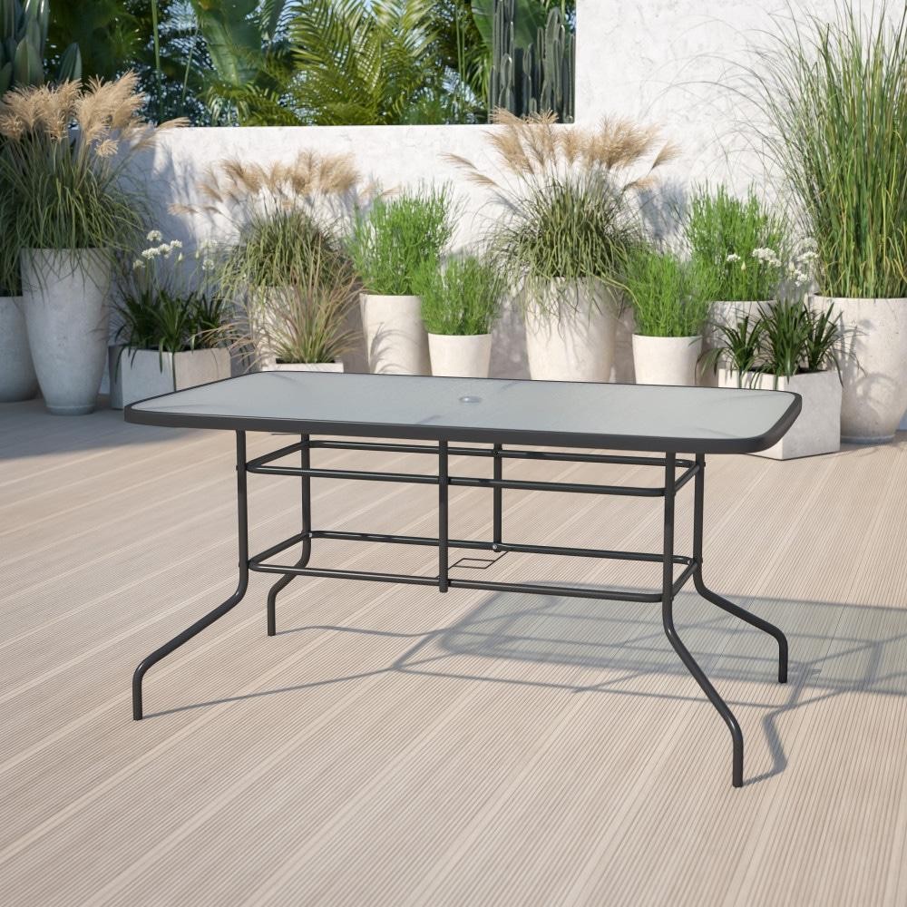 Rectangular Glass Metal Patio Table With Umbrella Hole