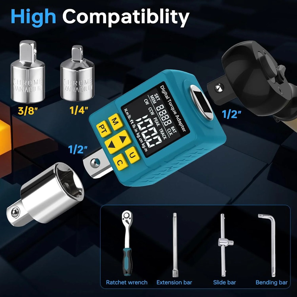 Upgrade 1/2" Digital Torque Adapter, (±1% Accuracy, 5-100Ft-lb), Precision Digit