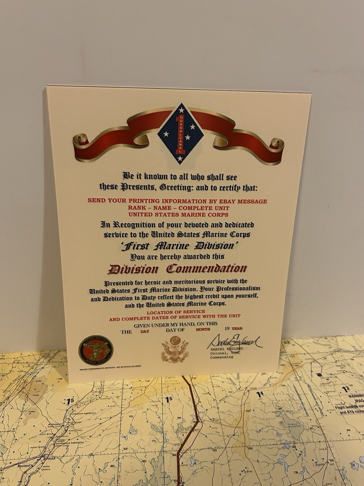 U.S.M.C. / FIRST MARINE DIVISION ~ DIVISION COMMENDATION REPLACEMENT CERTIFICATE