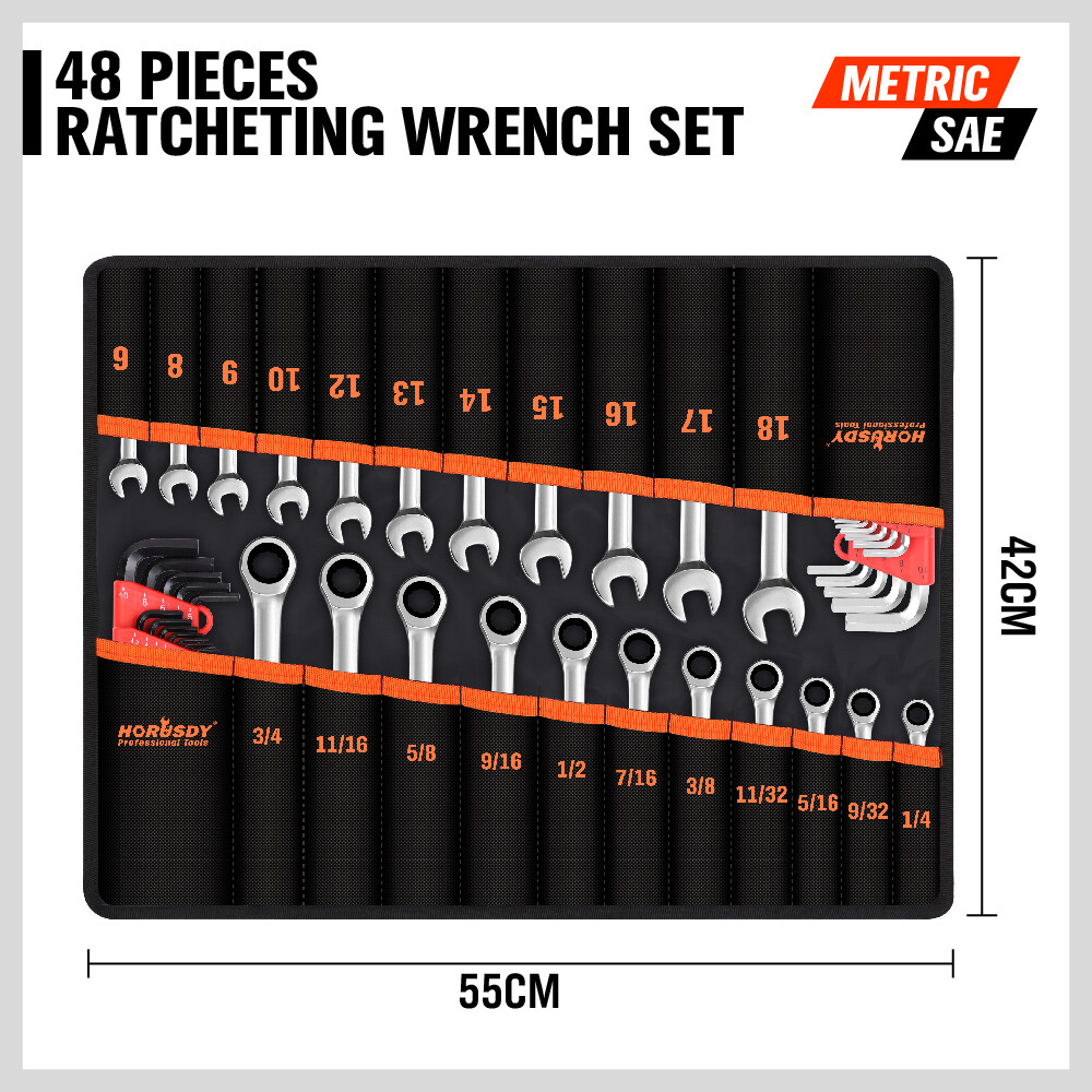 HORUSDY 48PC Ratcheting Wrench Set Ball End Hex Key SAE & Metric Gear With Pouch