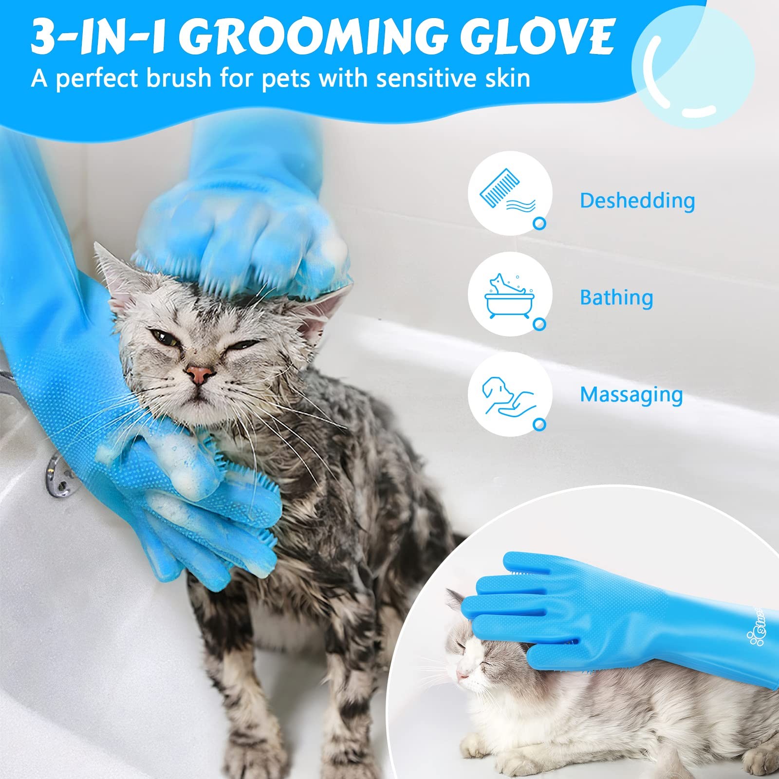 Pecute Pet Grooming Gloves - Heat Resistant Silicone with Medium, Blue