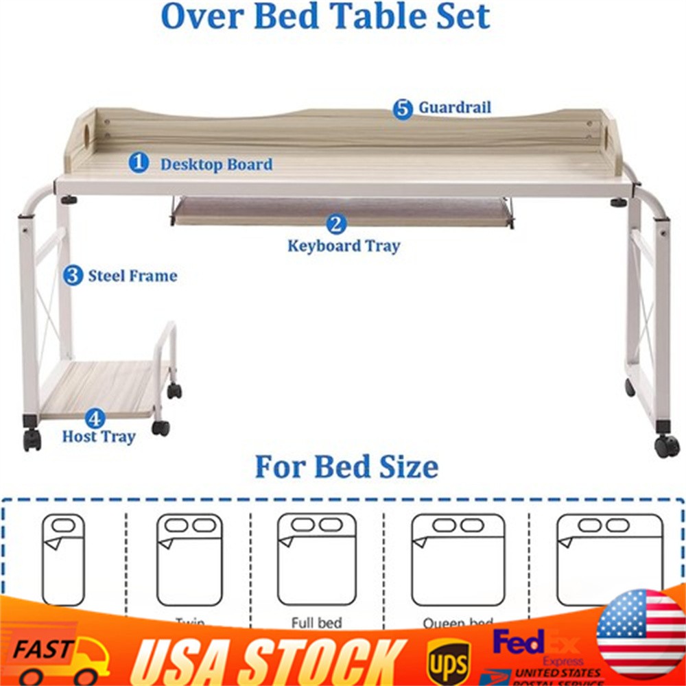 Overbed Table With Wheels Adjustable Over Bed Desk Multi-Functional Table Home