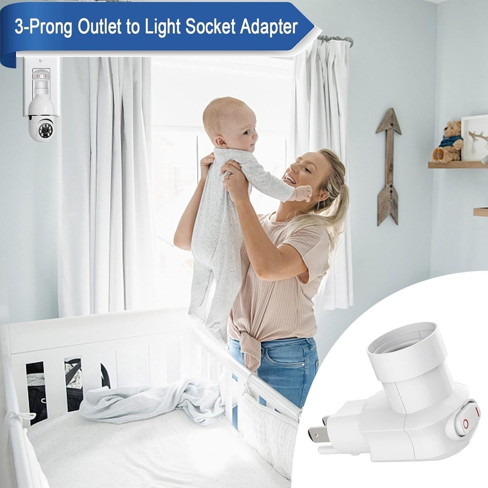 3 Prong Light Bulb Socket Adapter, 360° Rotatable Plug with On/Off Switch