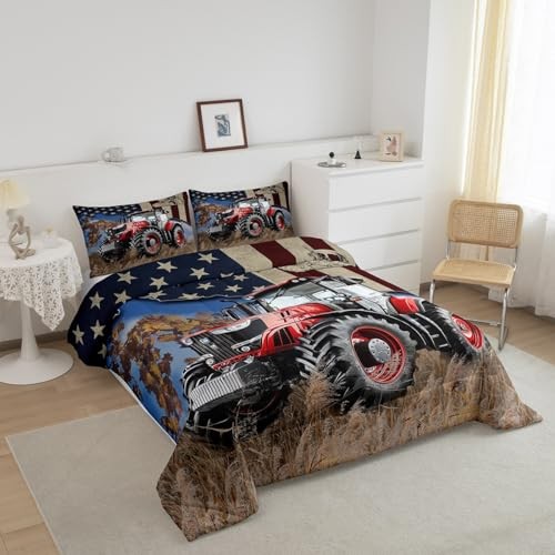 Farming Tractor Bed Comforter Set Size,Rustic Farmhouse Style Queen Multi 04