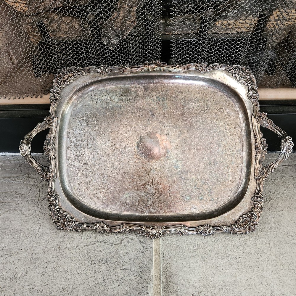 Antique SILVER PLATE 23" LONG RECTANGULAR FOOTED TRAY WITH HANDLES Heavy
