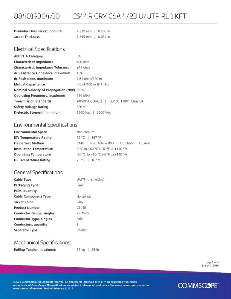 Commscope CS44R Cat6A U/UTP Network Ethernet 10G 10Gig Cable Riser Gray /100ft