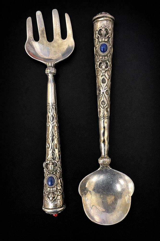 Ornate Vintage Silver Plated Salad Serving Spoon Fork Set Blue Cabochon Handle