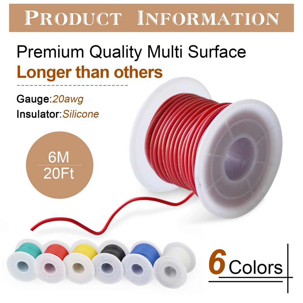 20 AWG Silicone Electrical 20AWG Wire-20Ft×6, [Multiple]