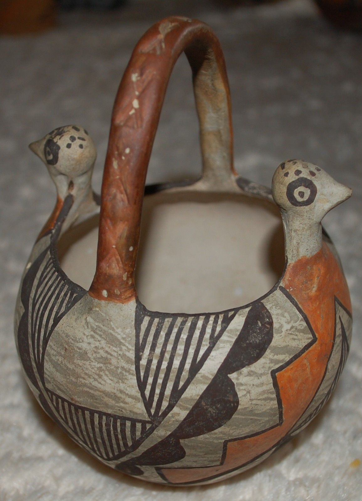 Early Isleta Double-Headed Pottery Bowl w/eight X engraved handle-1910-1920's