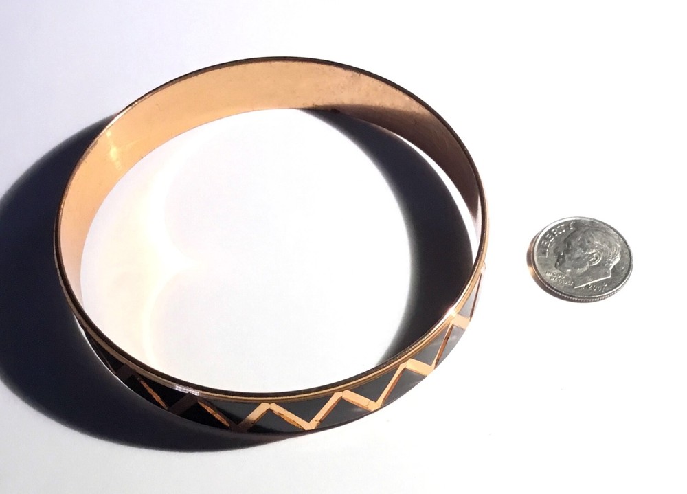 Modernist c1960 Copper Bangle Bracelet, Black Enamel Triangles