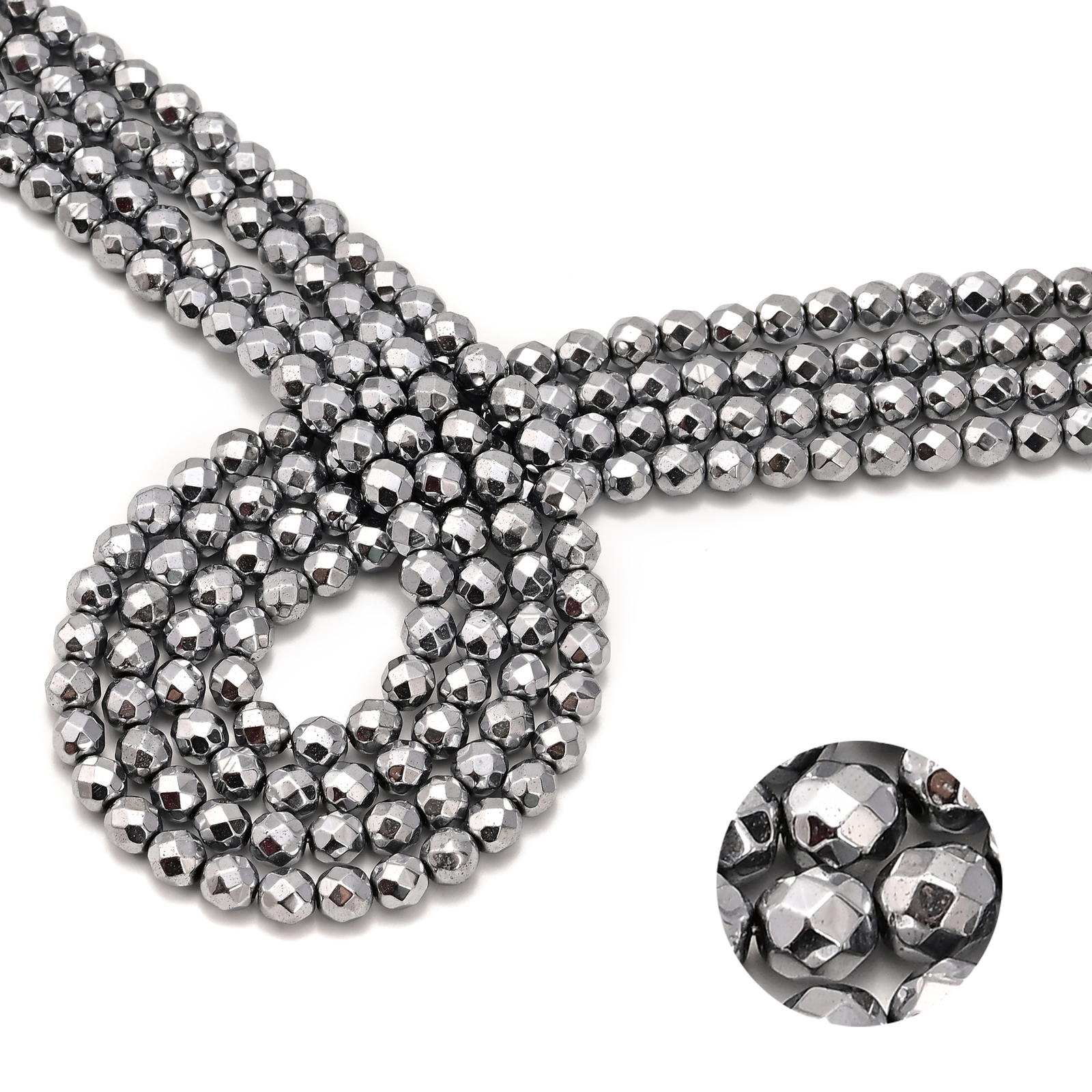Silver Hematite Faceted Round Beads 2mm 3mm 4mm 6mm 8mm 10mm 12mm 15.5" Strand