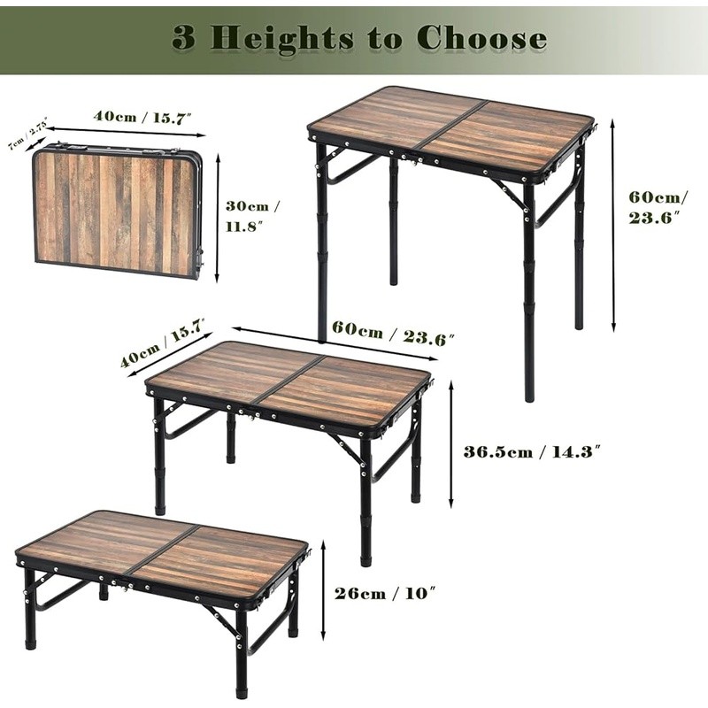 Folding Camping Table Portable Adjustable Height Easy Setup W/ Storage Hooks New