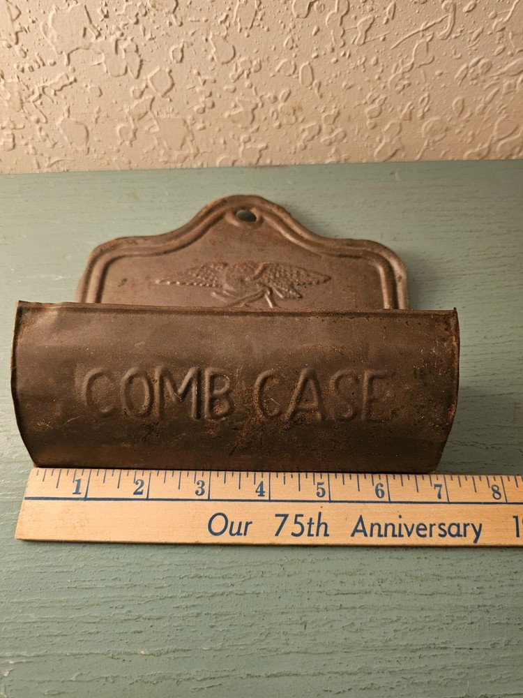 Antique Tin WallMounted Comb Case W/Embossed Eagle-Very Good