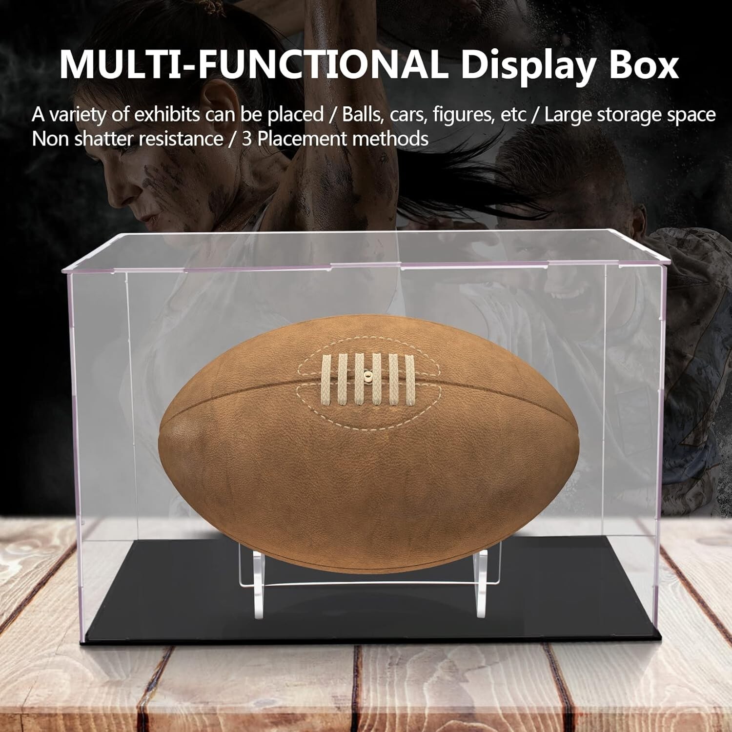 Clear Football Display Box Case with Steel Brackets Hanger Removable Inner Stand