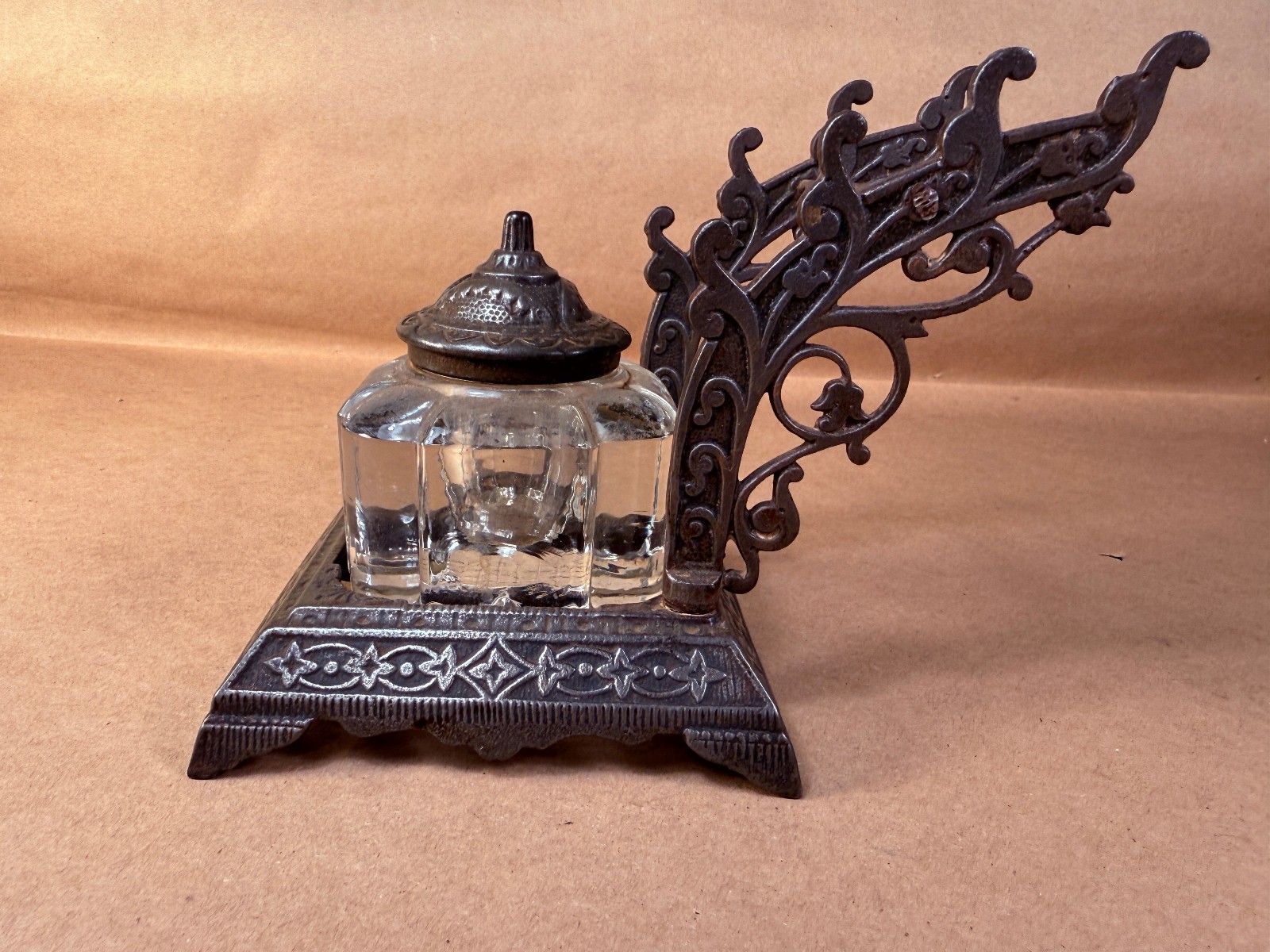 Antique Victorian Cast Iron Inkwell and Pen Holder with Glass Inkwell