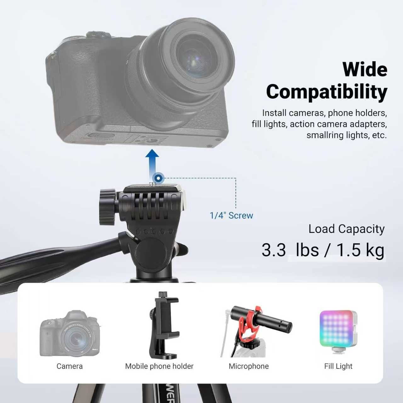 Adjustable Phone & Camera Tripod w/Built-in Level, Portable Metal Travel Stand