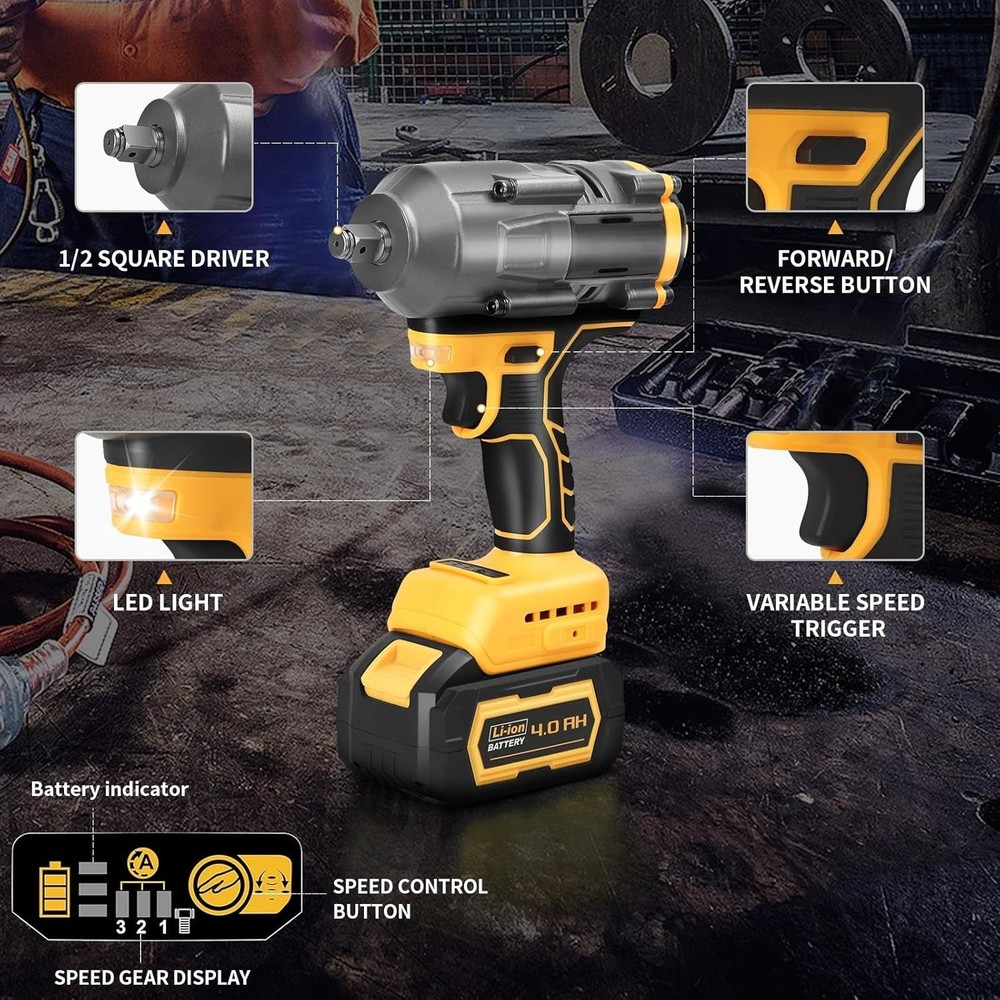 20V Cordless Impact Wrench 1/2-inch, with LED Work Light, Variable Speed Design